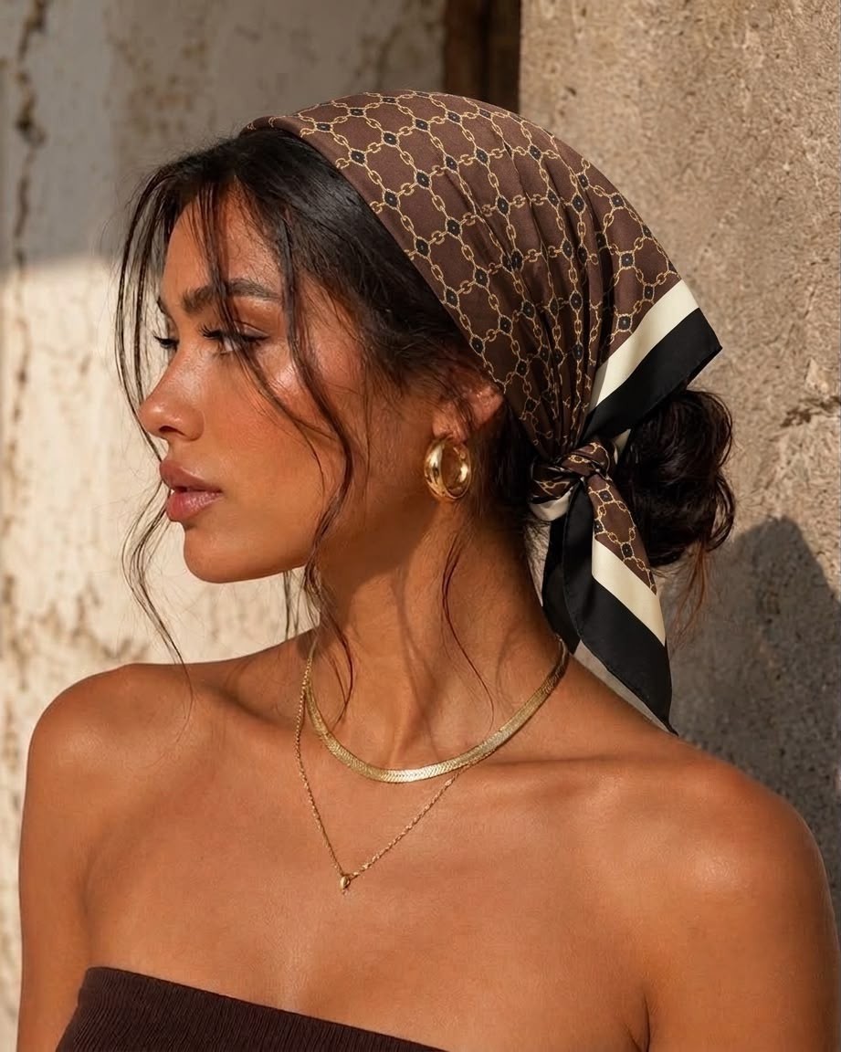 Revam Collection Kahverengi Desenli Fular Bandana Şal Saten Pamuk Malzeme ile Günlük Kullanım İçin