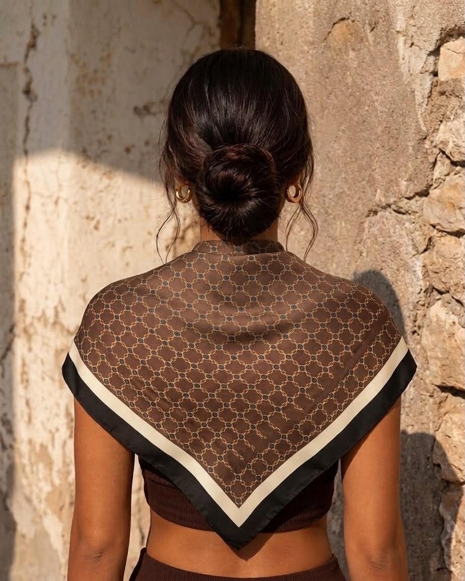 Revam Collection Kahverengi Desenli Fular Bandana Şal Saten Pamuk Malzeme ile Günlük Kullanım İçin görsel 2