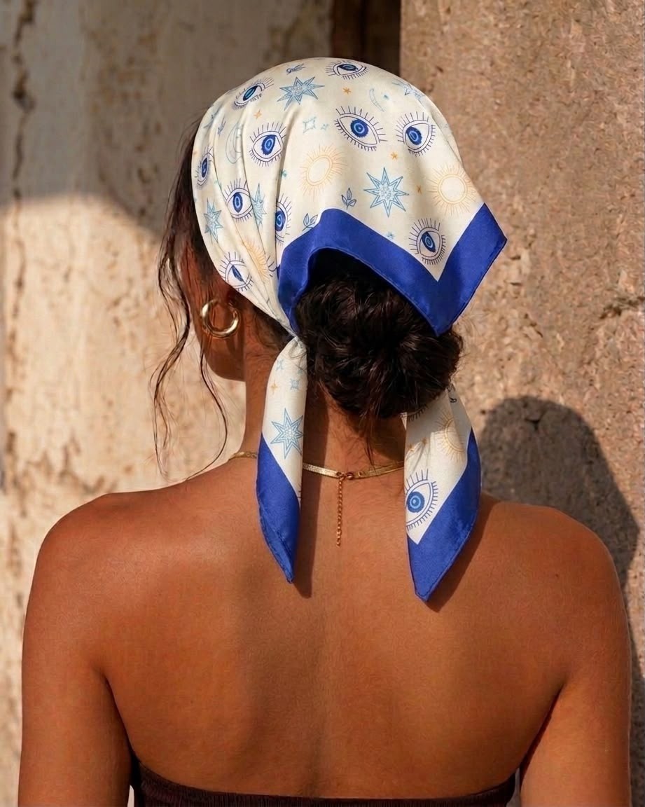 Revam Collection Göz Desenli Fular Bandana Mavi - Beyaz Pamuk Saten Kumaş Özellikleri görsel 2