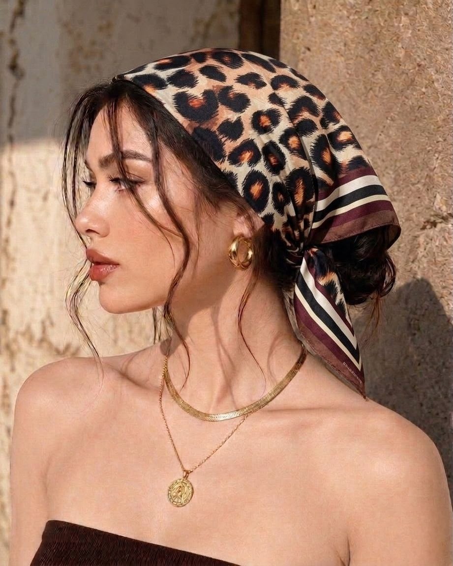 Revam Collection Leopar Desenli Fular Bandana Şal Kahverengi Bej Turuncu Saten Pamuk Malzeme