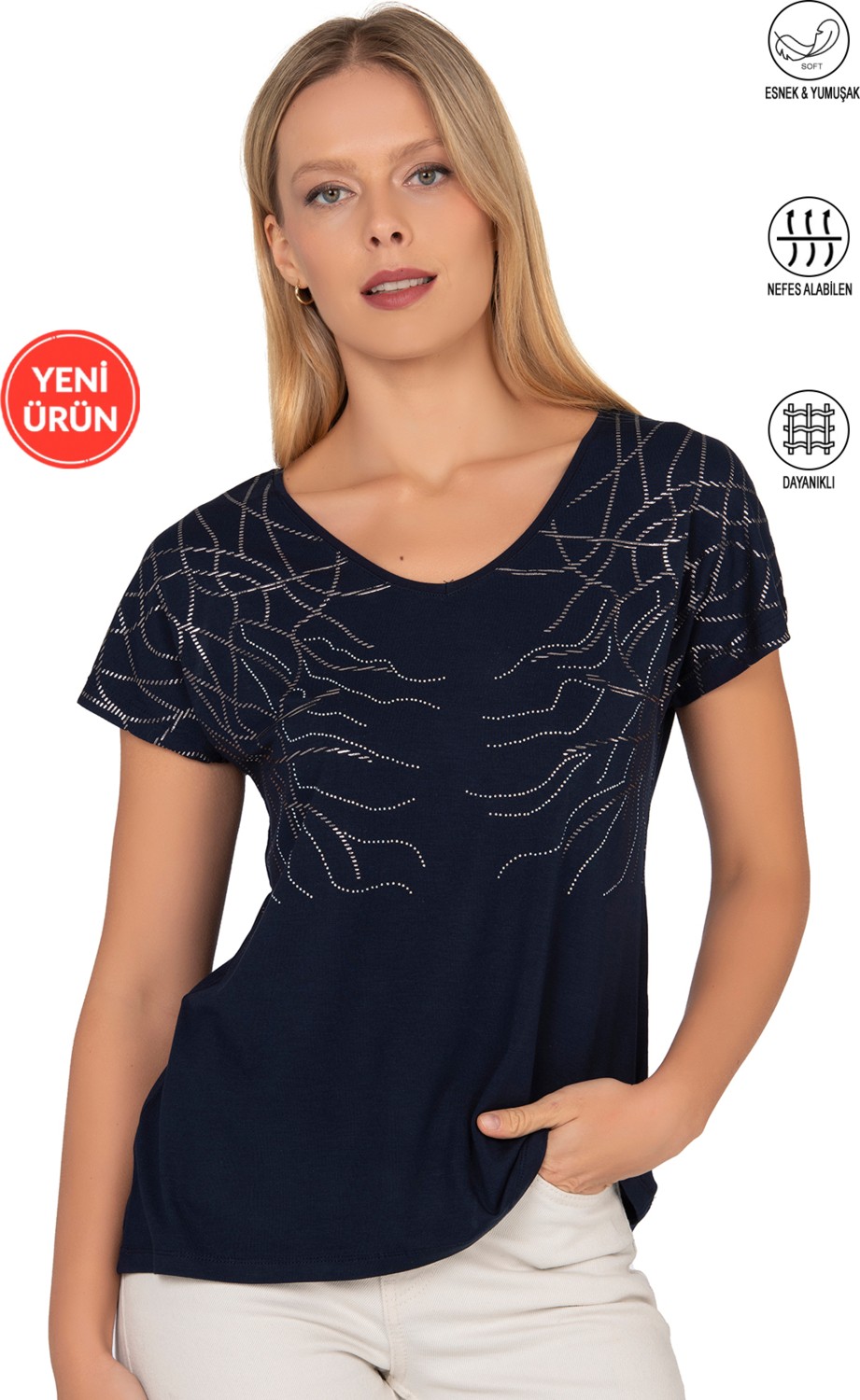 Özkan Underwear Özkan 25908 Kadın Vorteks Viskon Premium Kumaş Taş Detaylı Likralı Kısa Kollu Örme Bluz