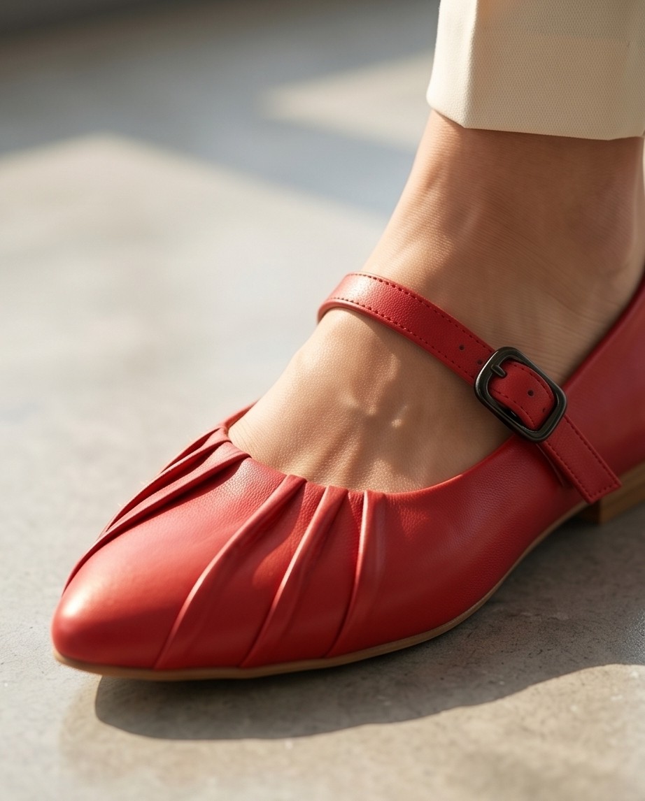 Futsi Shoes Allegra Lacivert Hakiki Deri Bilekten Tokalı Piliseli Kadın Babet
