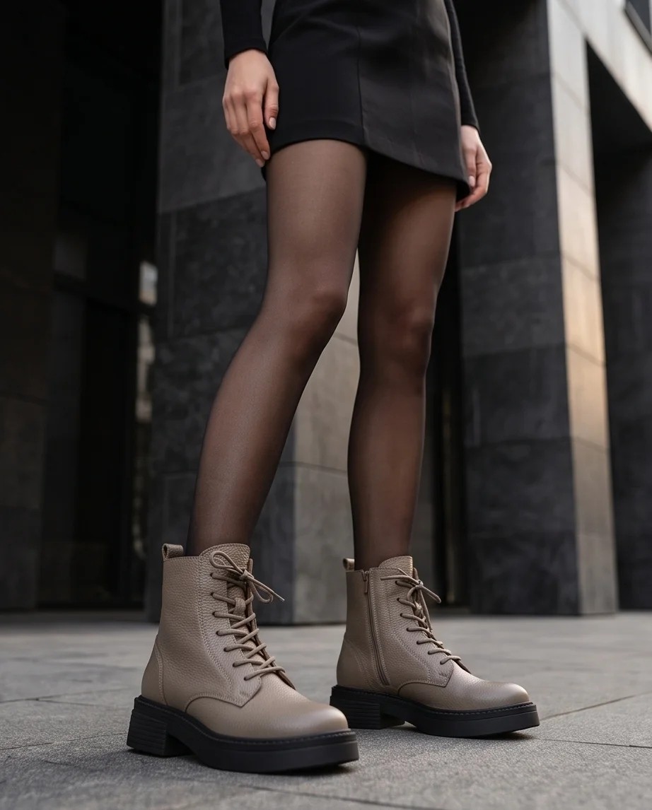Futsi Shoes Ravenna Lacivert Hakiki Deri Bağcıklı Kalın Taban Topuklu Postal Kadın Bot