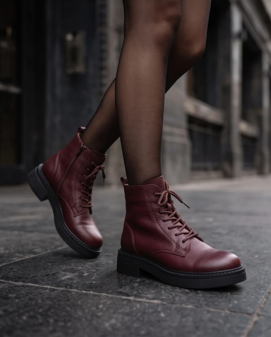 Futsi Shoes Ravenna Lacivert Hakiki Deri Bağcıklı Kalın Taban Topuklu Postal Kadın Bot