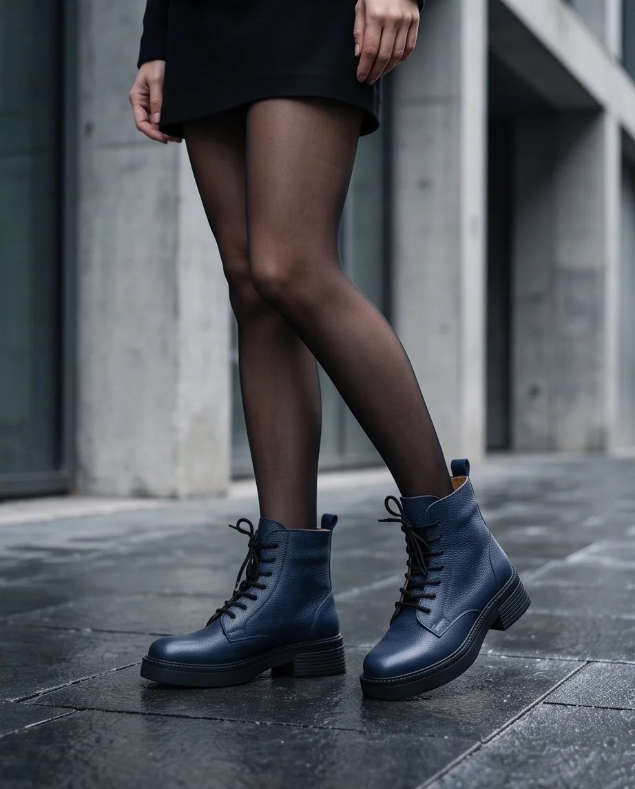 Futsi Shoes Ravenna Lacivert Hakiki Deri Bağcıklı Kalın Taban Topuklu Postal Kadın Bot