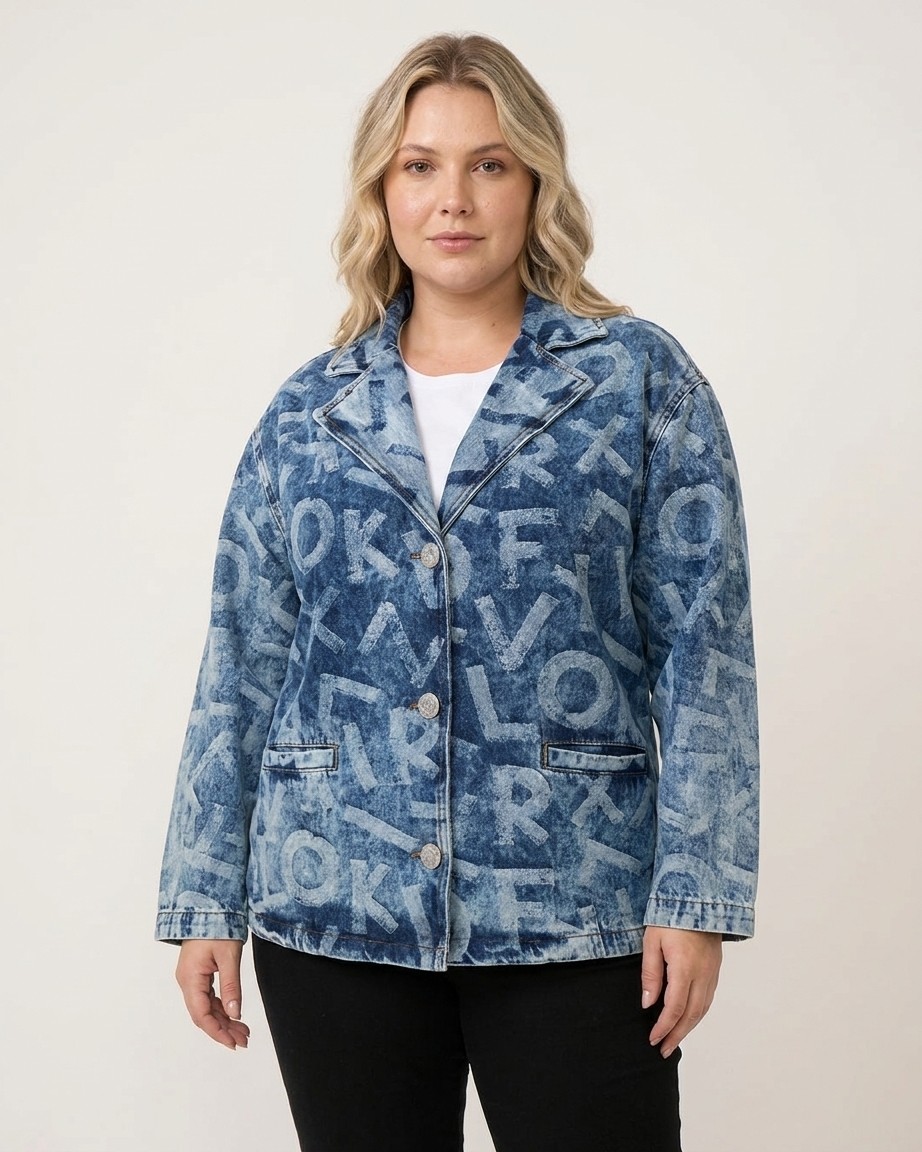 Trieste Wear Büyük Beden Yakalı Düğmeli Geniş Kol Harf Baskı Desenli Denim Kadın Ceket görsel 4