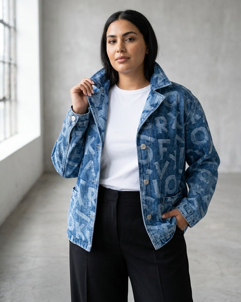 Trieste Wear Büyük Beden Yakalı Düğmeli Geniş Kol Harf Baskı Desenli Denim Kadın Ceket görsel 7