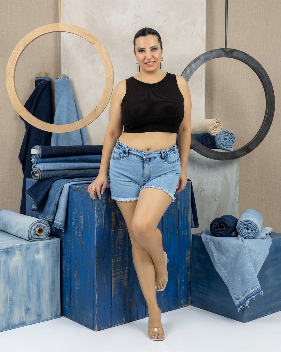 Zanessi Büyük Beden Lastikli Yüksek Bel Püsküllü Kısa Denim Cepli Kadın Şort
