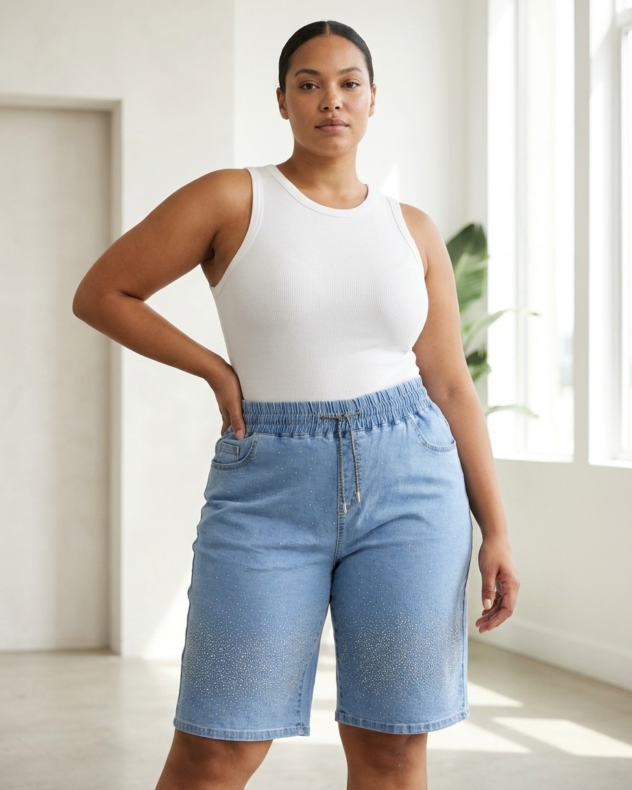 Zanessi Fashion Büyük Beden Beli Lastikli Bağcıklı Taş Detaylı Denim Kadın Şort