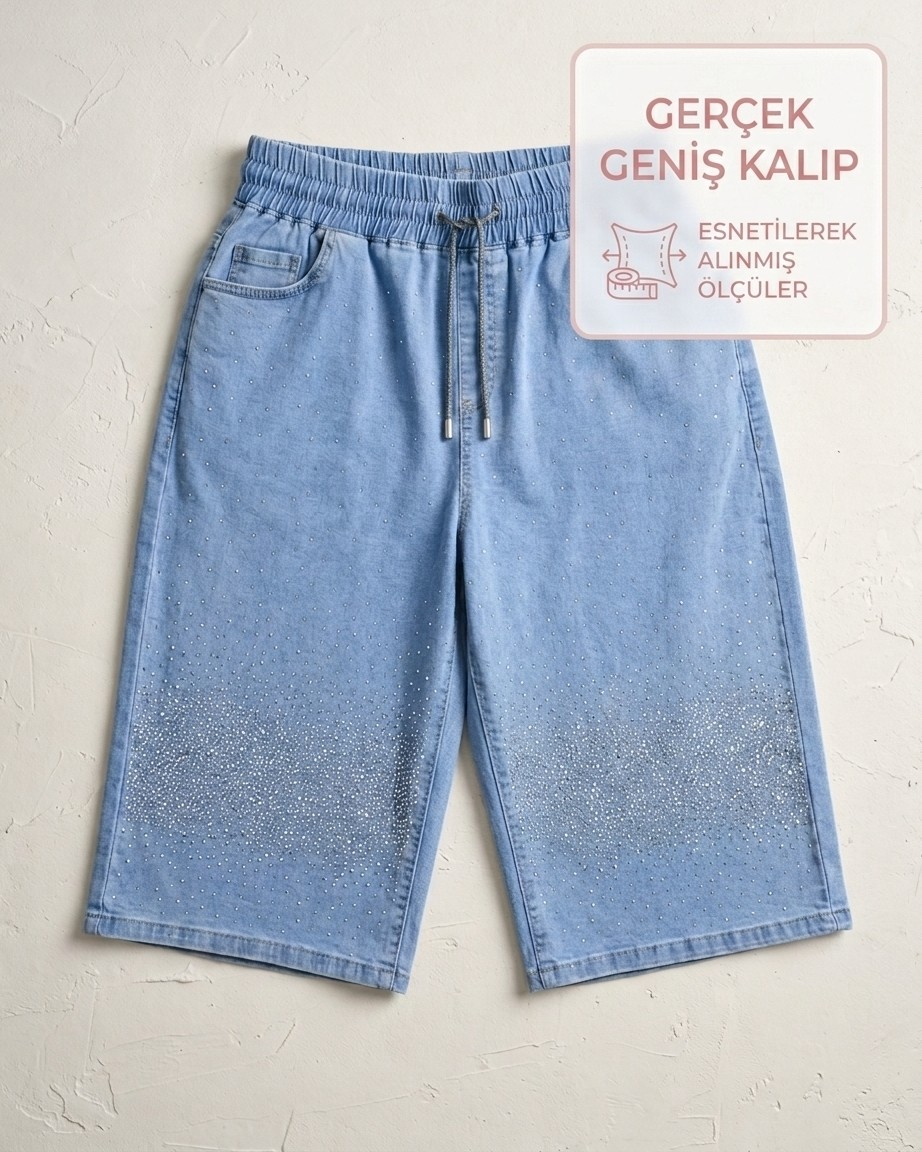 Zanessi Fashion Büyük Beden Beli Lastikli Bağcıklı Taş Detaylı Denim Kadın Şort görsel 2