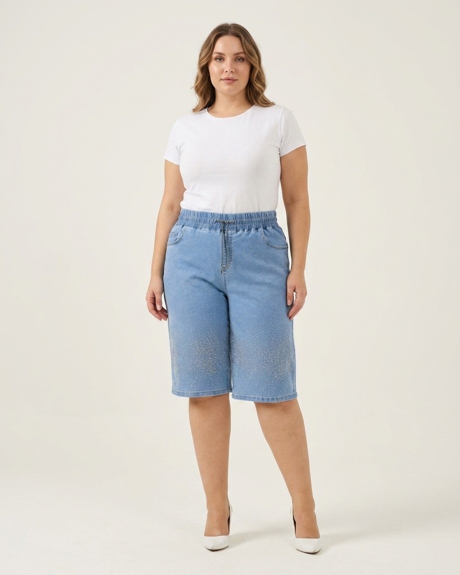 Zanessi Fashion Büyük Beden Beli Lastikli Bağcıklı Taş Detaylı Denim Kadın Şort görsel 6