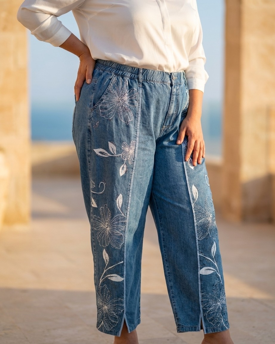 Zanessi Büyük Beden Çiçek Desenli Mom Kesim Bileği Yırtmaçlı Denim Kadın Pantolon