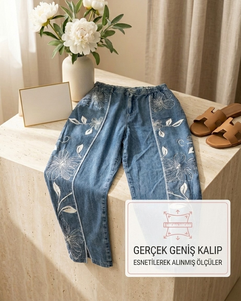 Zanessi Büyük Beden Çiçek Desenli Mom Kesim Bileği Yırtmaçlı Denim Kadın Pantolon görsel 2