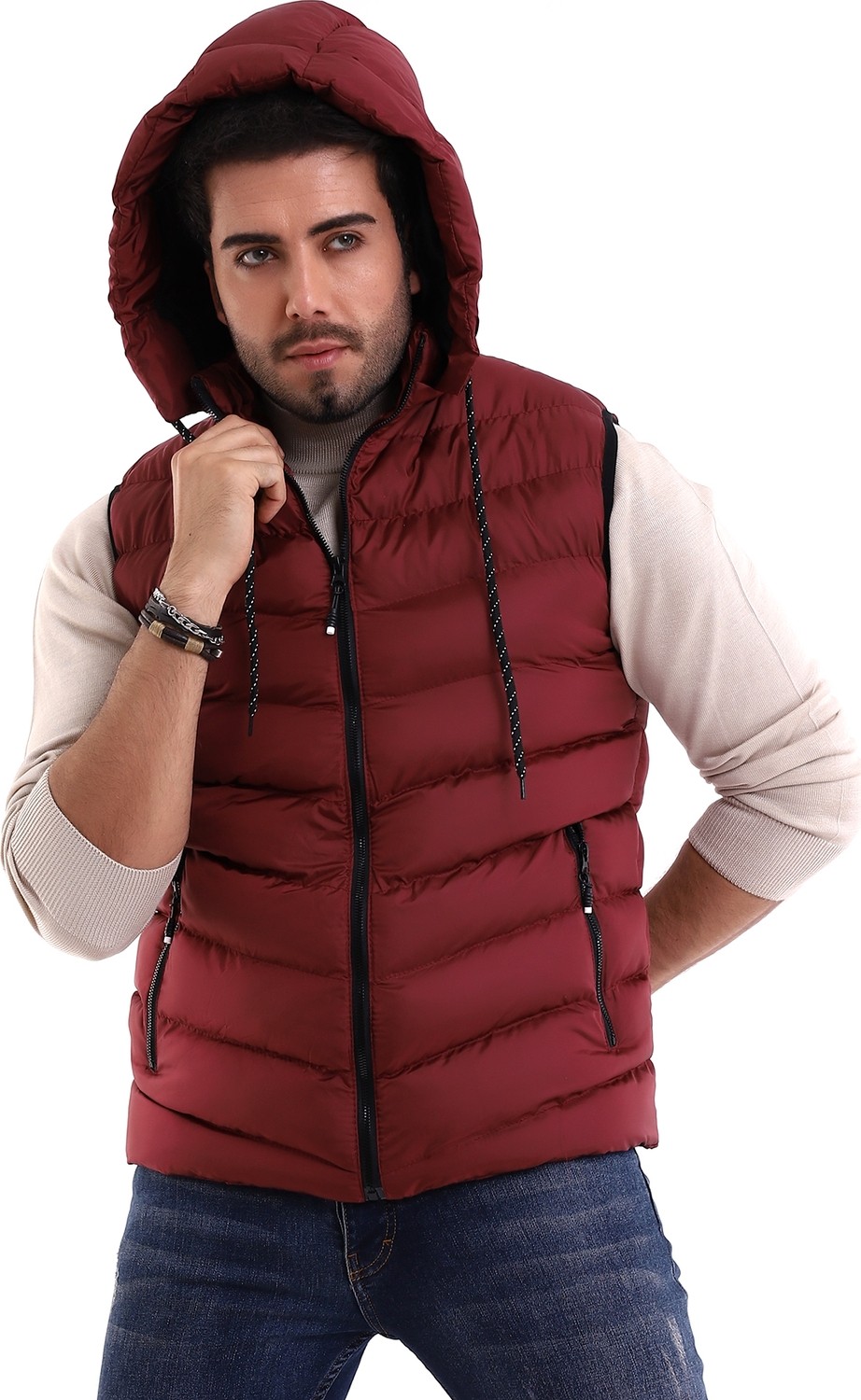 B HE Z Erkek Jel Dolgulu Çapraz Model Çıkarılabilen Kapşon Yanlardan Cepli Iç Cepli Şişme Yelek Bordo görsel 5