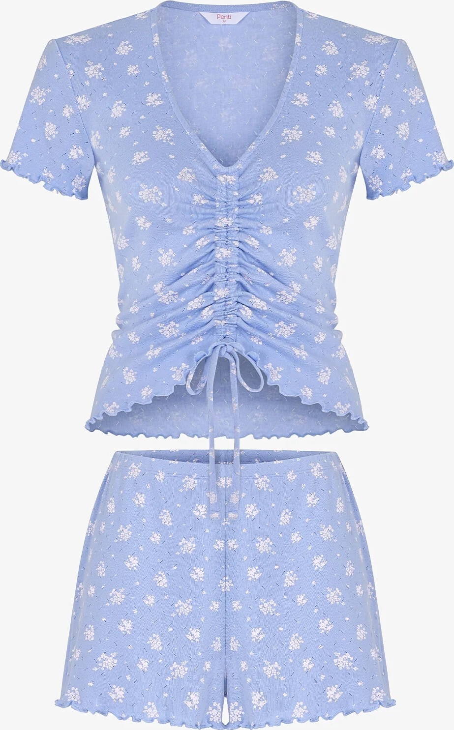 Penti Mavi Coralie Pointel Çıtır Çiçek Desenli Kısa Kollu Şort Pijama Takımı görsel 6