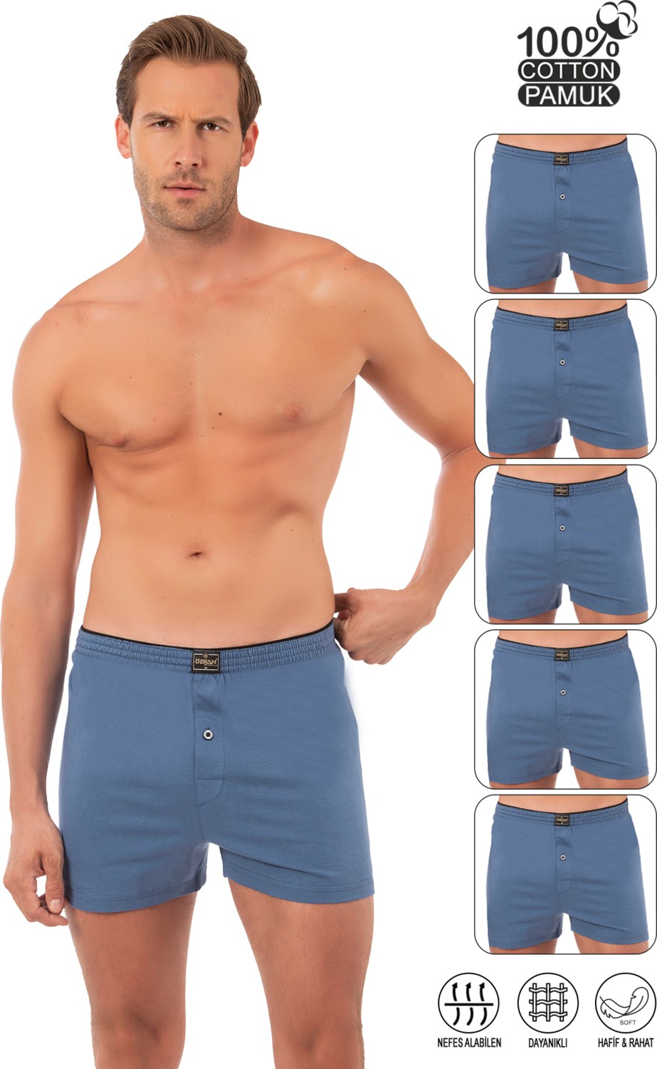 Özkan Underwear Özkan 0041 5'li Paket Erkek %100 Pamuklu Şardonlu Klasik Rahat Kesim Havlu Bel Süprem Penye Boxer görsel 8