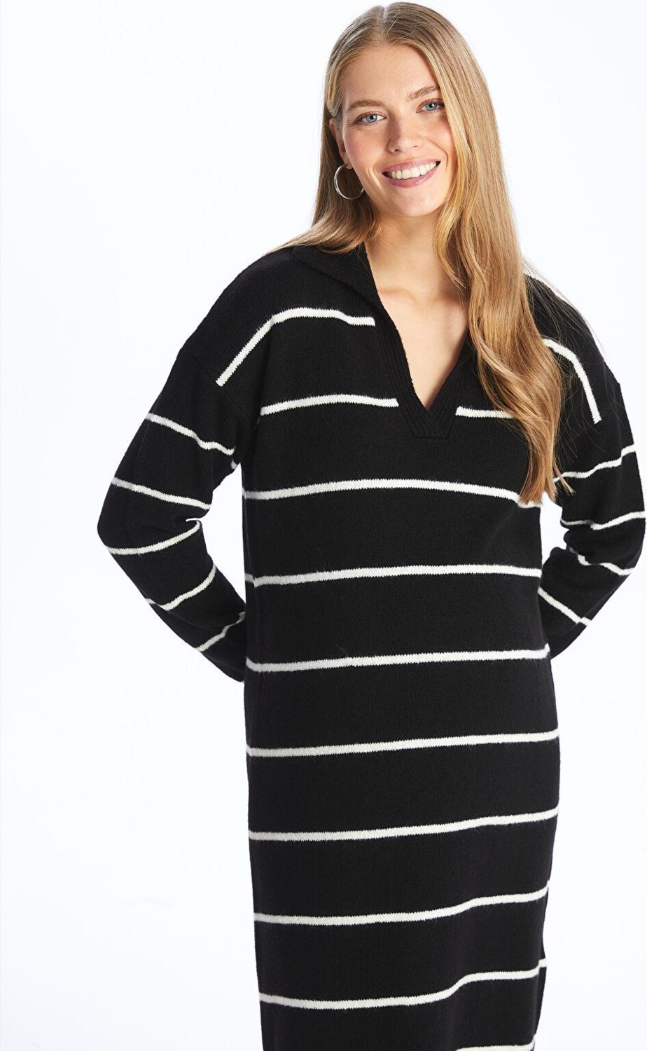 LC Waikiki Lcwaıkıkı Maternity Polo Yaka Düz Uzun Kollu Hamile Triko Elbise görsel 7
