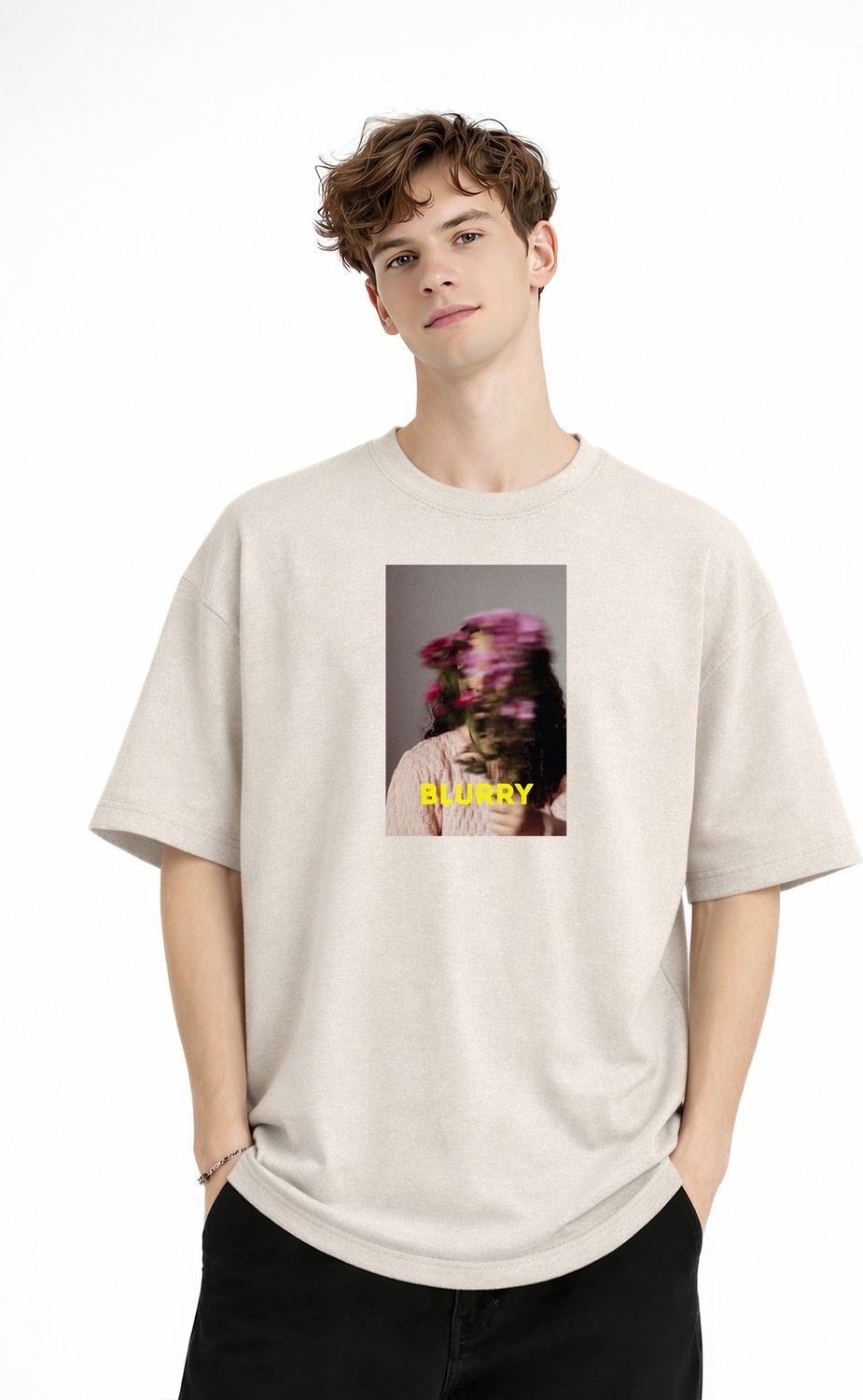 TeknoKapsül Blurry - Oversize Erkek Tişört Bej görsel 2