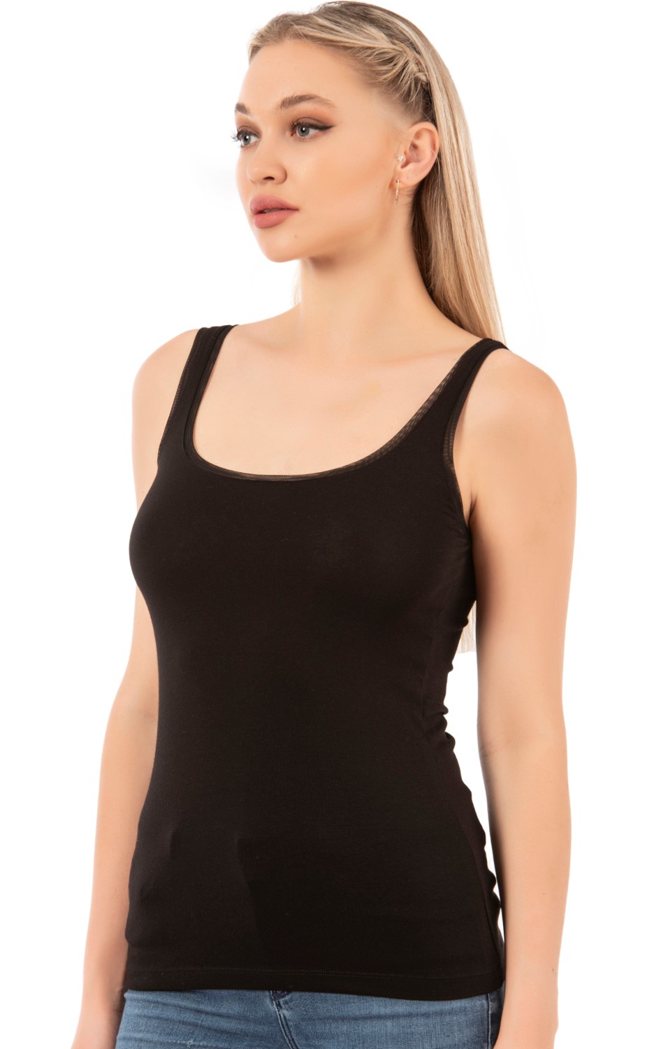 Özkan Underwear Özkan 25493 Kadın Premium Kumaş Modal Pamuklu Likralı Tül Biyeli Kalın Askılı Atlet görsel 8