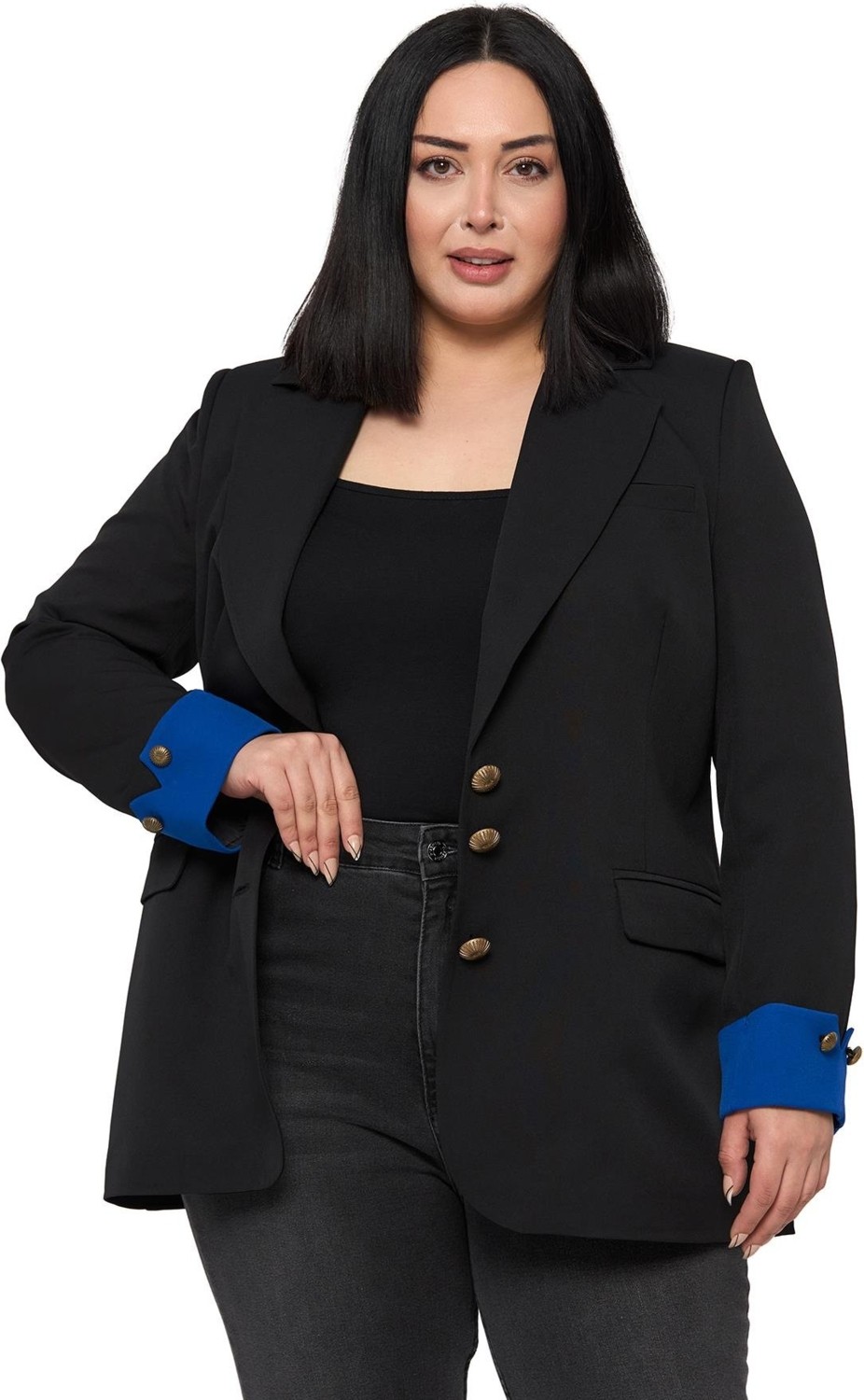 Disentis Modest Büyük Beden Manşeti Kumaş Garnili Düğme Detaylı Astarlı Siyah Saks Mavi Blazer Ceket görsel 2