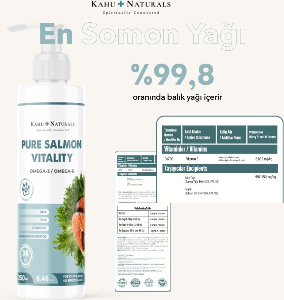 Aesco Kahu Naturals Pure Salmon VITALITY%100 Doğal Norveç Somon Yağı, Omega 3 ve 6, E Vitamini, Kedi ve Köpek, 250 ml görsel 3