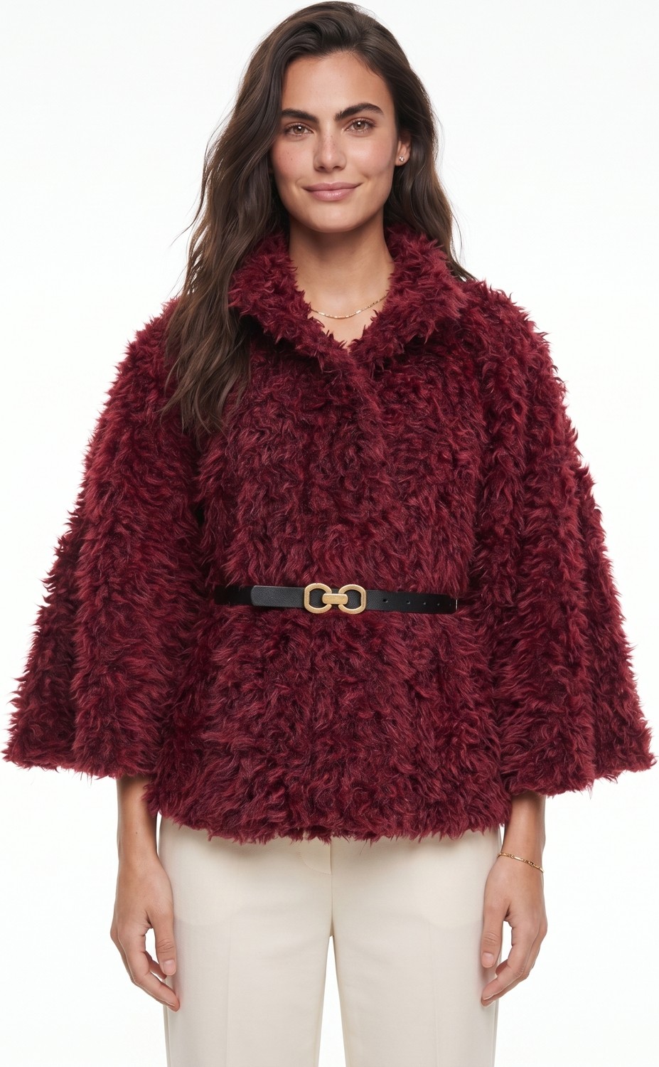 Onloox Bordo Yumuşak Dokulu Polyester Kumaş Kemer Detaylı Peluş Panço