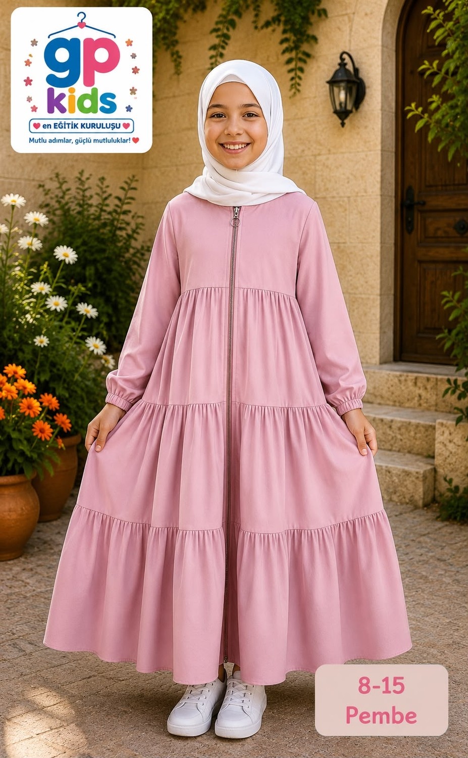 GP Kids 3 Kat Büzgülü Çocuk Feracesi Pembe