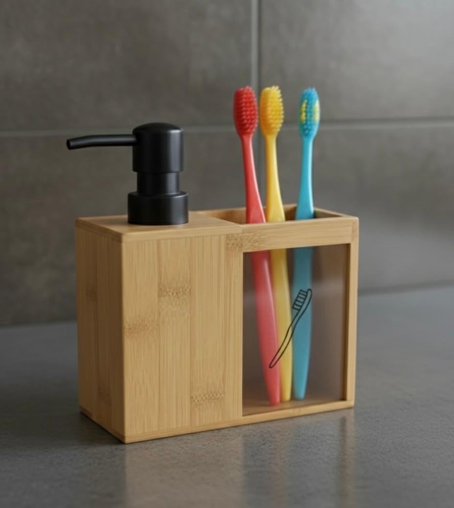 Barotti Bambu 2'li Banyo Seti, Mat Siyah Detaylı Sıvı Sabunluk ve Diş Fırçalık, Modern Tasarım, Doğal Bambu Malzeme, Tezgah Üstü Banyo Aksesuarları