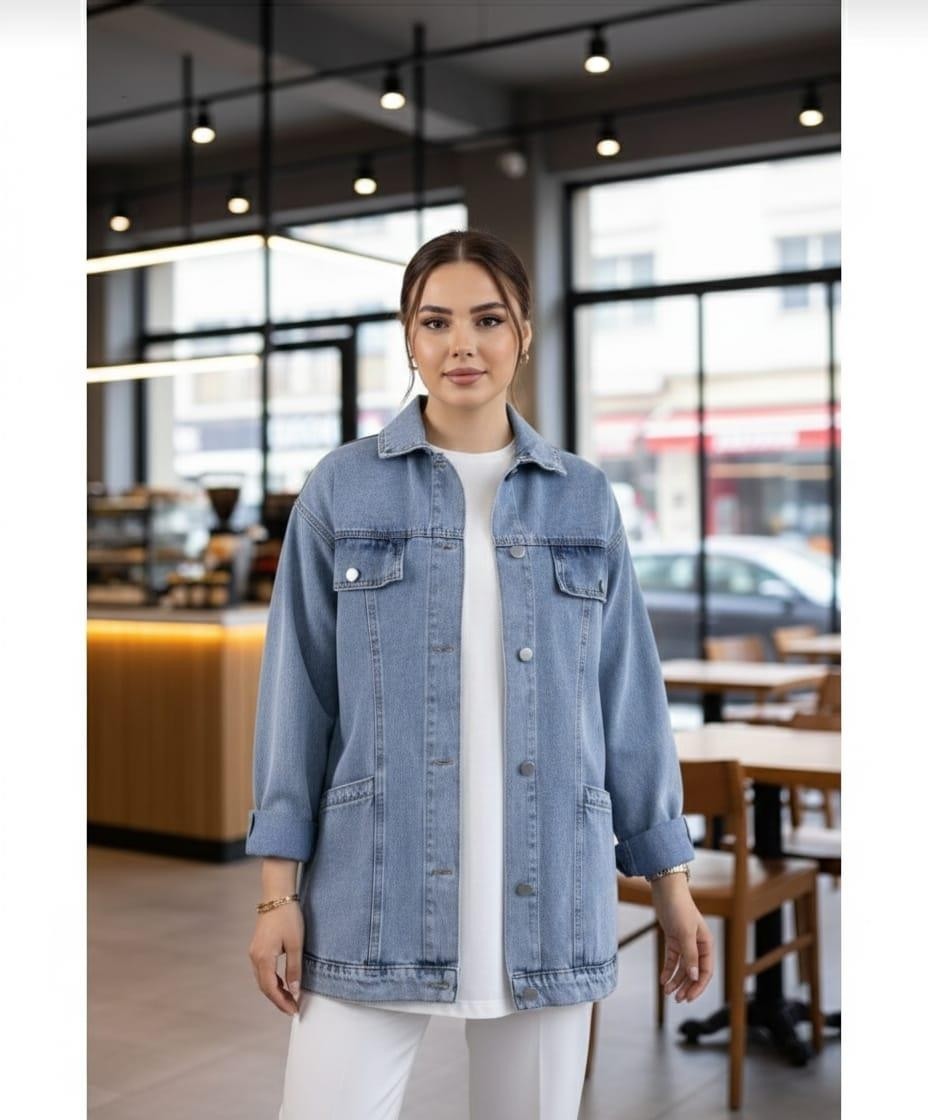 Harma Time Butik Kadın Cep Detaylı Denim Mavi Kot Ceket görsel 3