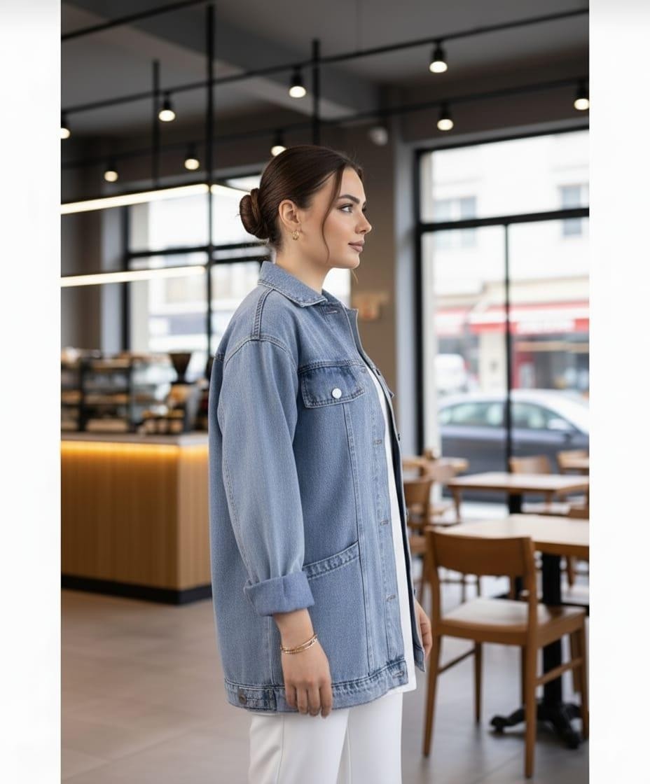Harma Time Butik Kadın Cep Detaylı Denim Mavi Kot Ceket görsel 4