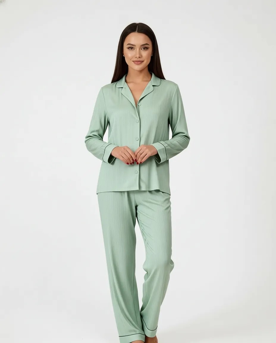 Penti Yeşil Alia Fitilli Gömlek Kısa Kollu Pijama Takımı görsel 4