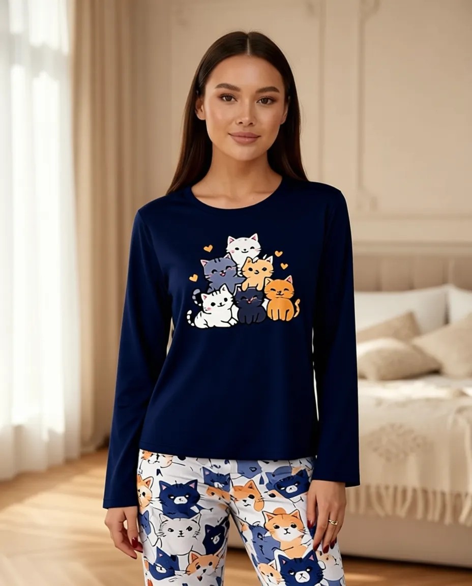 Koza İç Giyim Kadın Gri Pamuklu Kedili Örme Pijama Takımı Uzun Kol Konforlu ve Şık Tasarım görsel 7