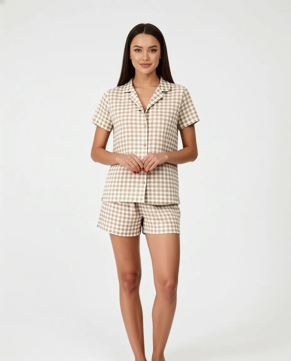 Penti Latte Bej Gingham Pötikare Desenli Kısa Kollu Gömlek Şort Pijama Takımı görsel 5