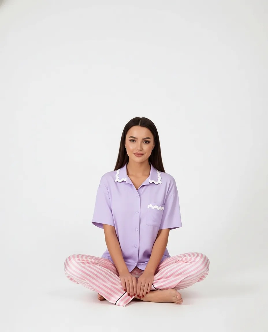 Penti Lila Ella Gömlek Dantelli Kısa Kollu Şort Pijama Takımı görsel 6