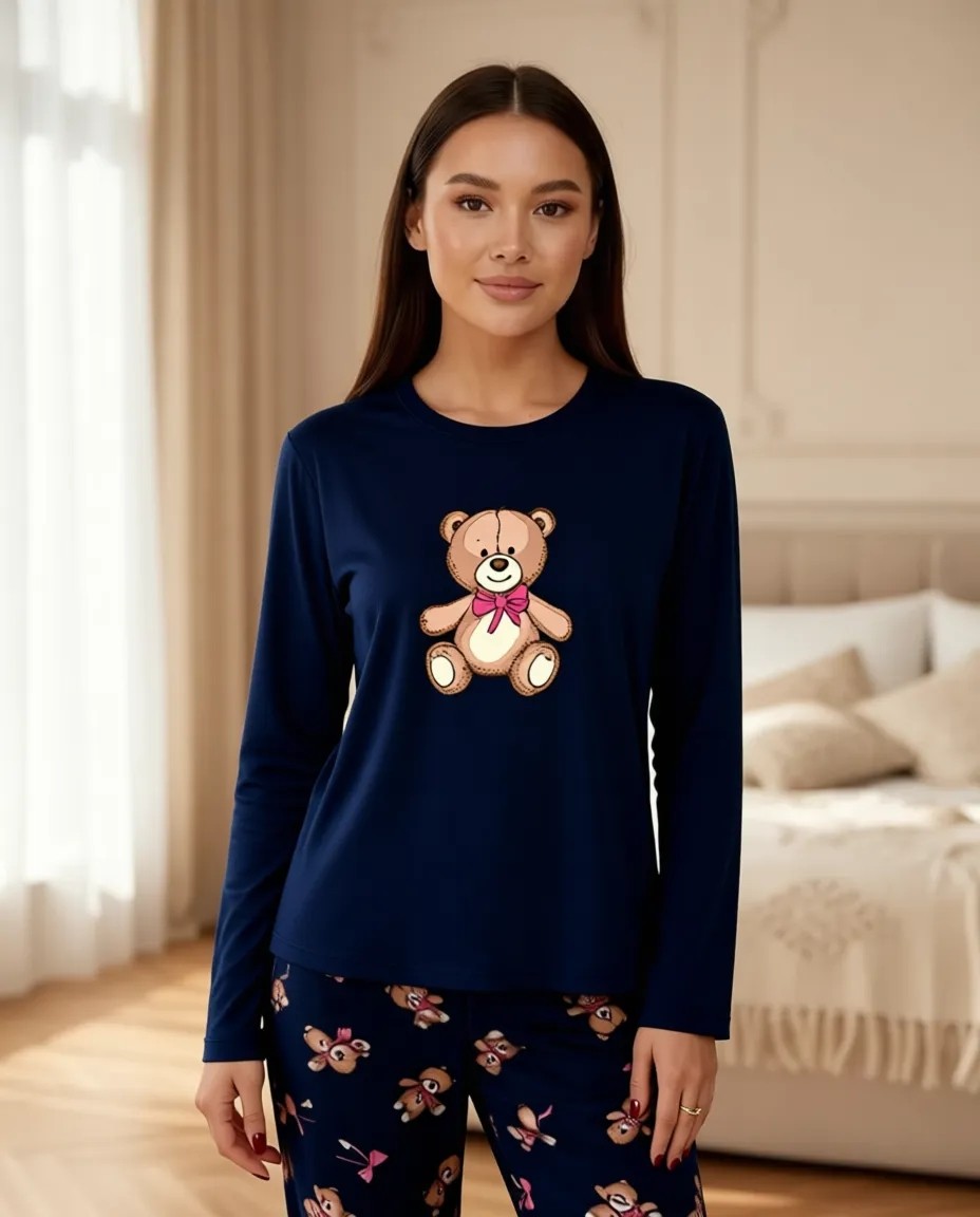 Koza İç Giyim Kadın Pamuklu Ayıcıklı Pijama Takımı Kahverengi Füme Sevimli Desenli Konfor görsel 7