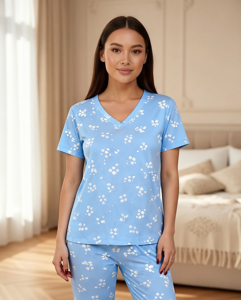 Koza İç Giyim Kadın Bebe Mavisi Kısa Kollu Pamuklu Fitilli Kaşkorse Pijama Takımı Rahat Tasarım görsel 7