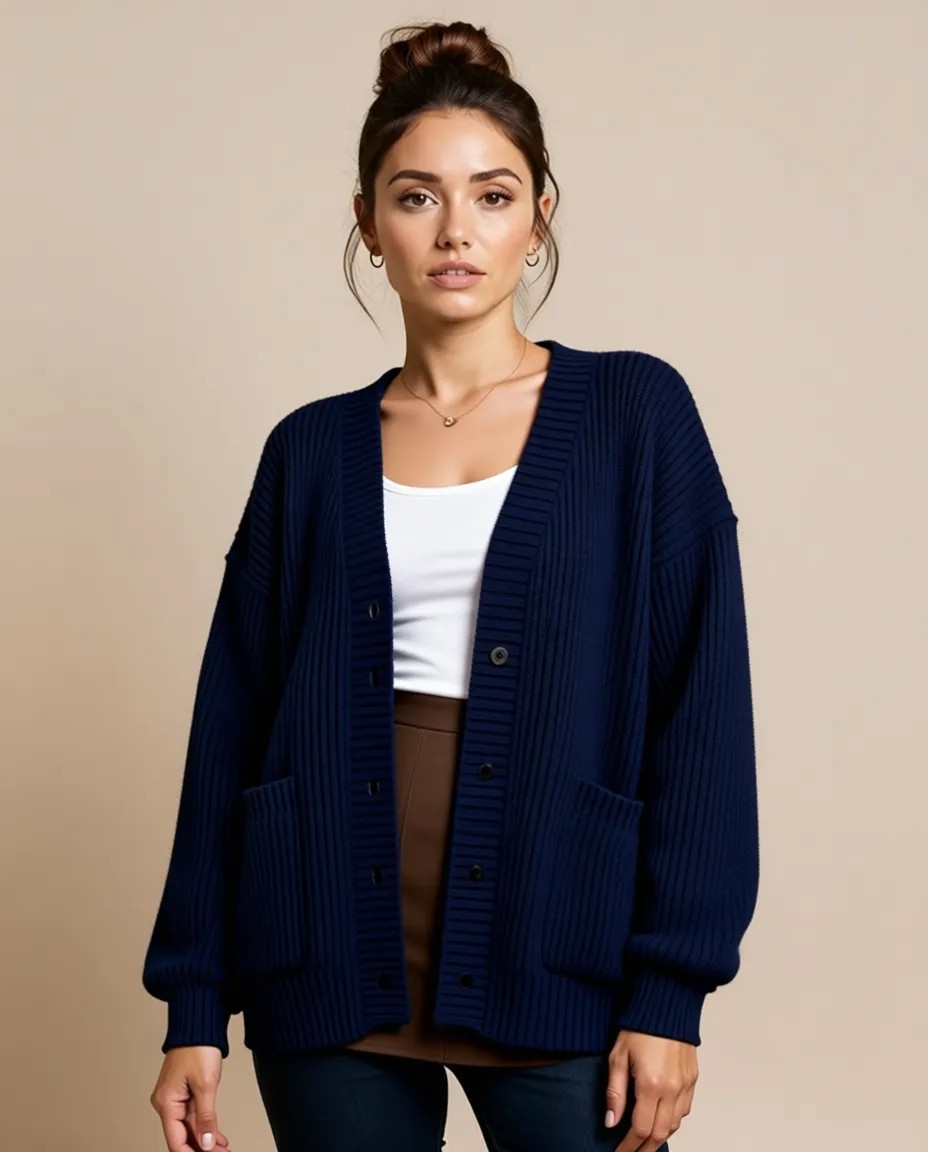 Tarz Cool Kadın Oversize Cepli Düğmeli V Yaka Triko Hırka görsel 5
