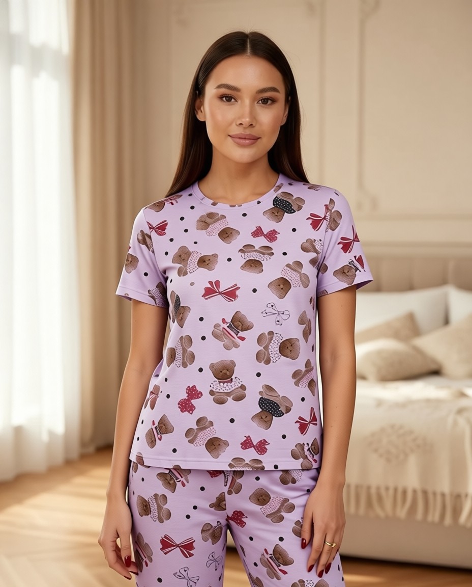 Siyah İnci Lila Ayıcık Desenli Mevsimlik Ince Örme Pijama Takım 8017 görsel 4