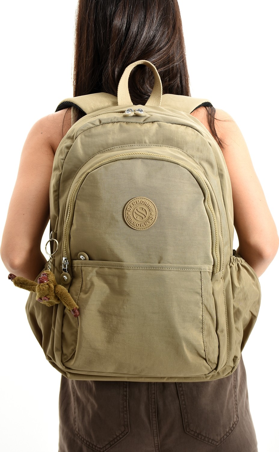 Sanmorris Unisex Suya Dayanıklı Khaki Renkli Krinkıl Kumaş Çok Gözlü Orta Boy Laptop Okul ve Sırt Çantası görsel 2