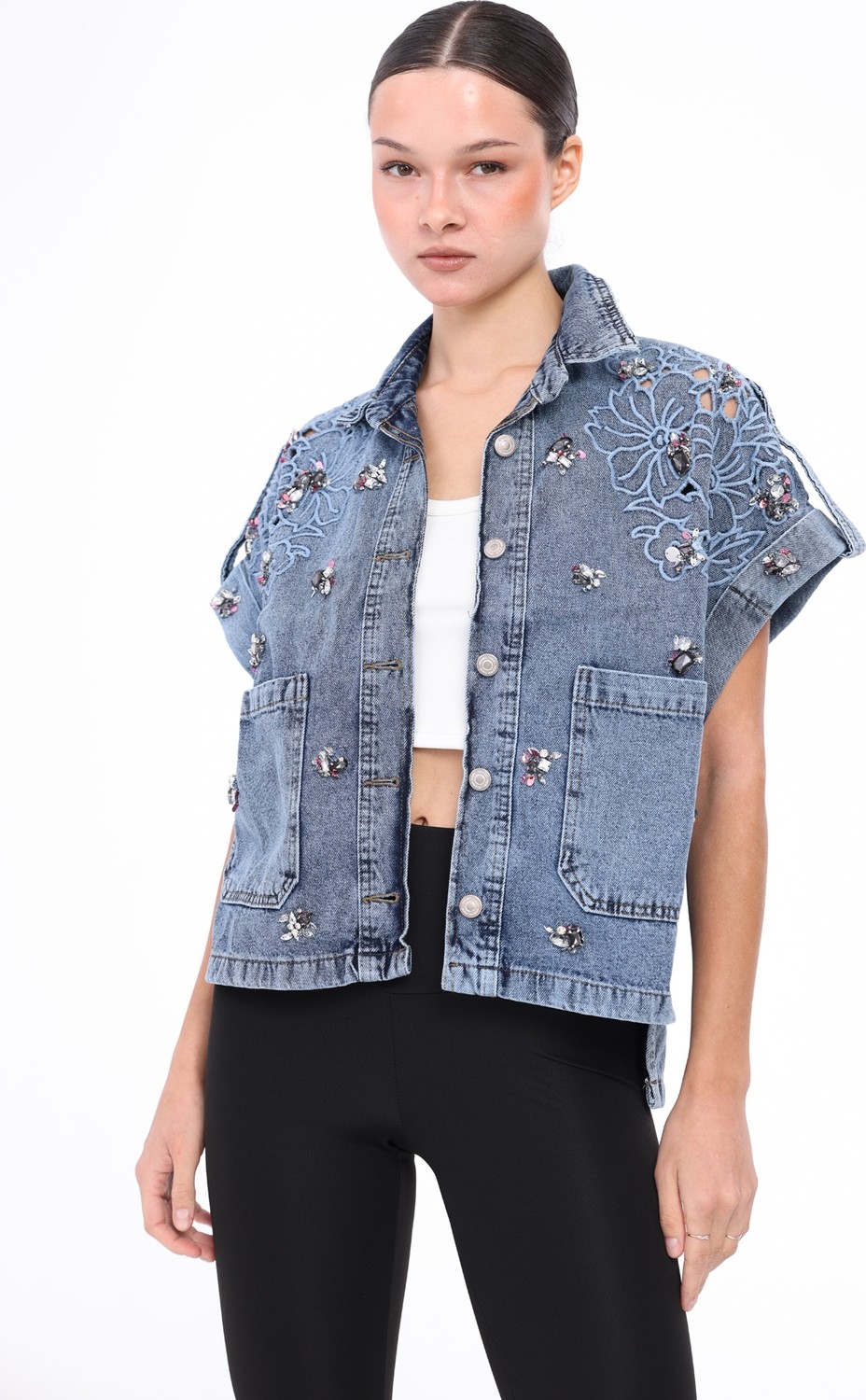 İnci Türkay Kadın Tasarım Denim Yelek Taş Boncuk Payet Işleme Detaylı Mavi Oversize Kalıp Bomber Yelek görsel 5