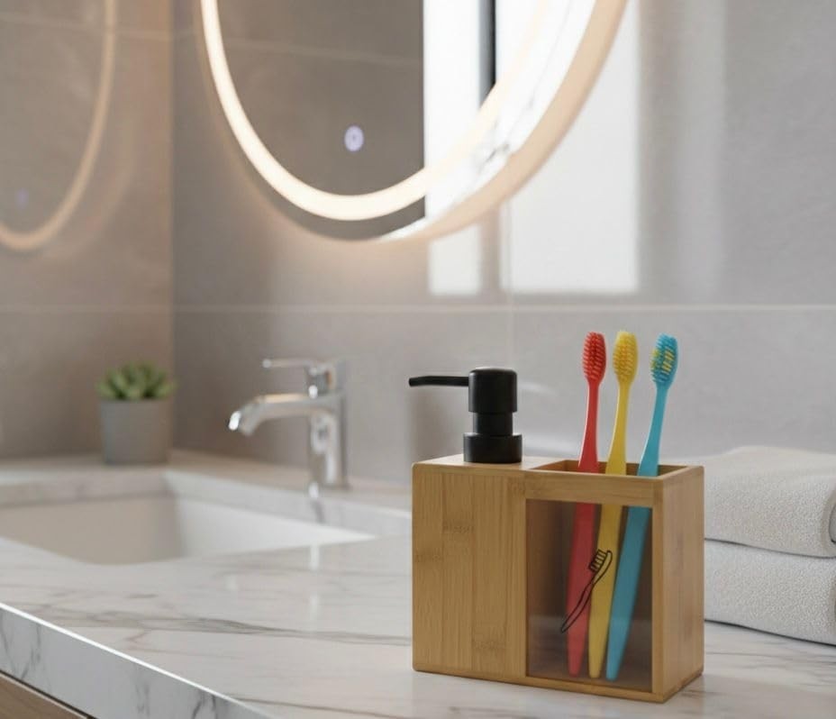 Barotti Bambu 2'li Banyo Seti, Mat Siyah Detaylı Sıvı Sabunluk ve Diş Fırçalık, Modern Tasarım, Doğal Bambu Malzeme, Tezgah Üstü Banyo Aksesuarları görsel 2