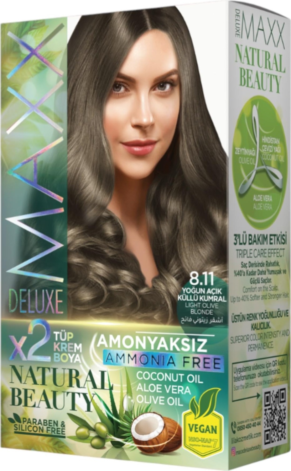 Aesco Maxx Deluxe Natural Beauty Amonyaksız Set Saç Boyası 8.11 Yoğun Küllü Açık Kumral