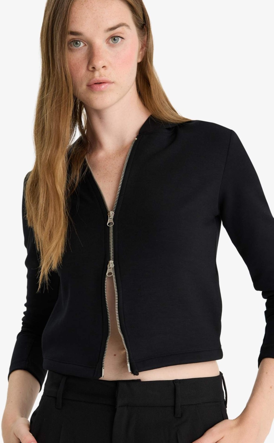 DeFacto Slim Fit Dar Kesim Kapüşonlu Modal Fermuarlı Sweatshirt F7651AX25AU