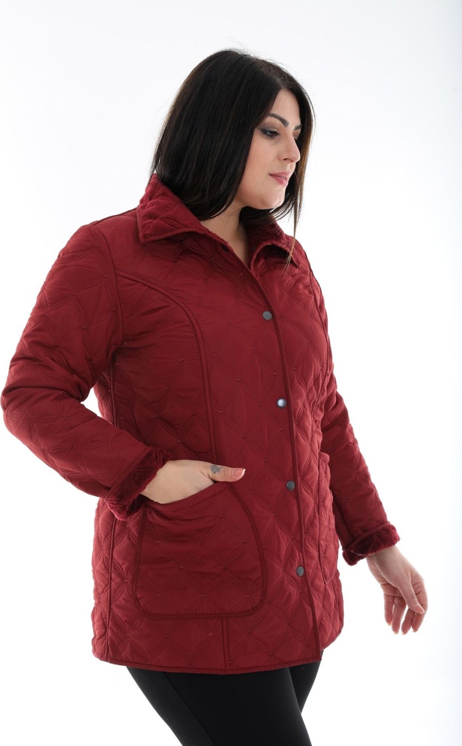 TUTveAL Collection Suya Dayanıklı,ithal Yumuşak Kürklü , Büyük Beden Kapitone Mont, Desenli ,bordo
