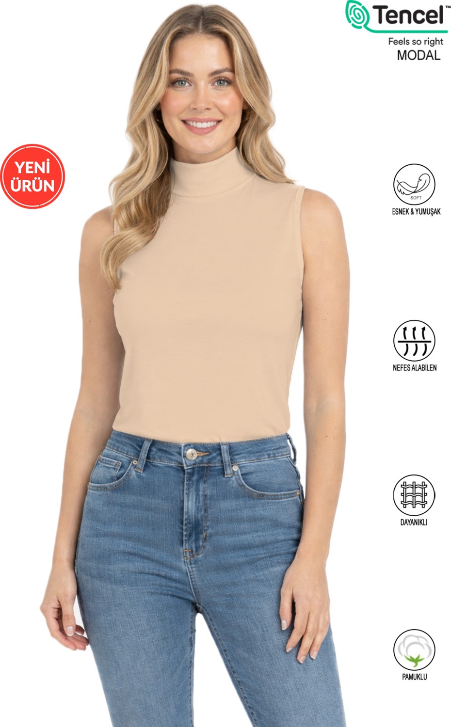 Özkan Underwear Özkan 27813 Kadın Premium Kumaş Pamuklu Modal Balıkçı Yaka Sıfır Kol Body T-Shirt Bluz görsel 5