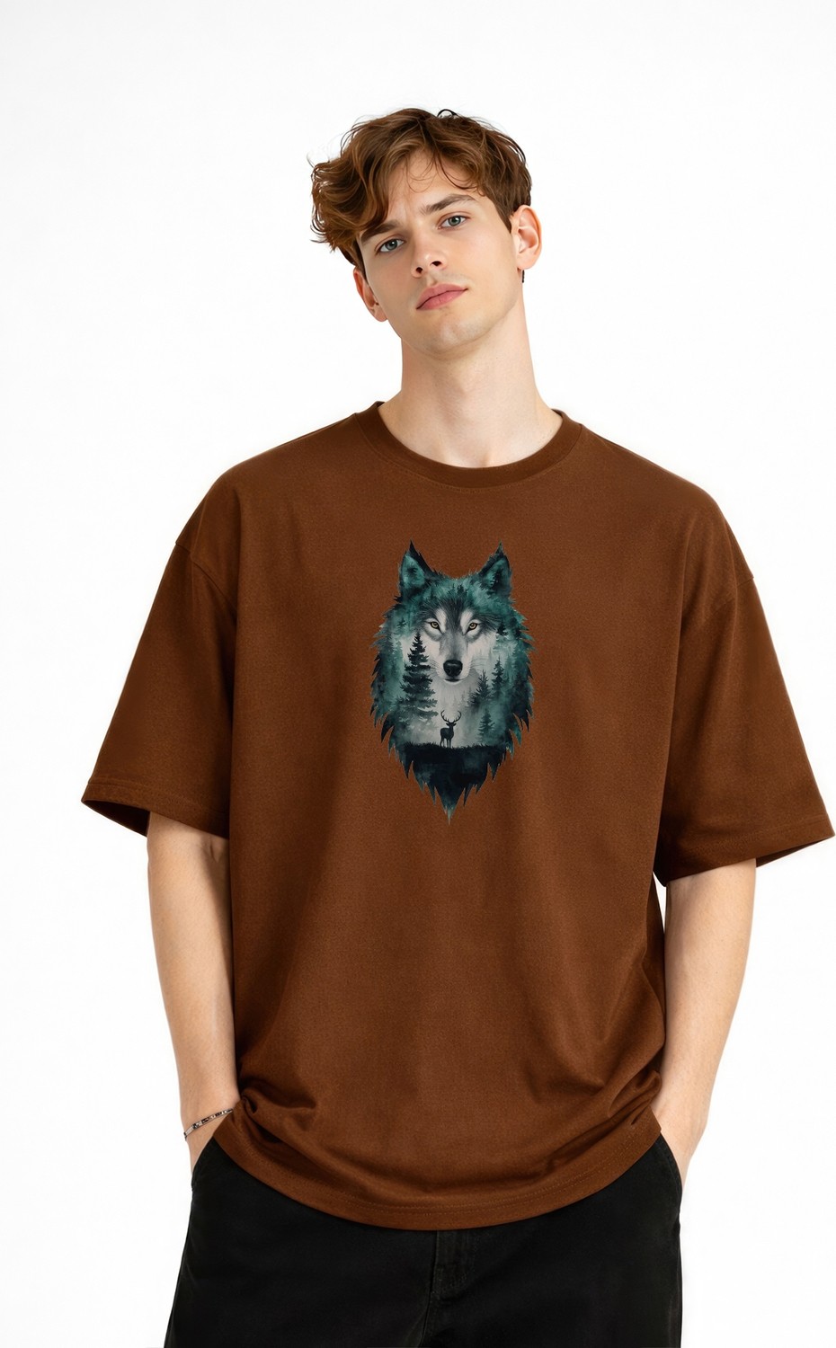 TeknoKapsül Wolf - Oversize Erkek Tişört Kahve