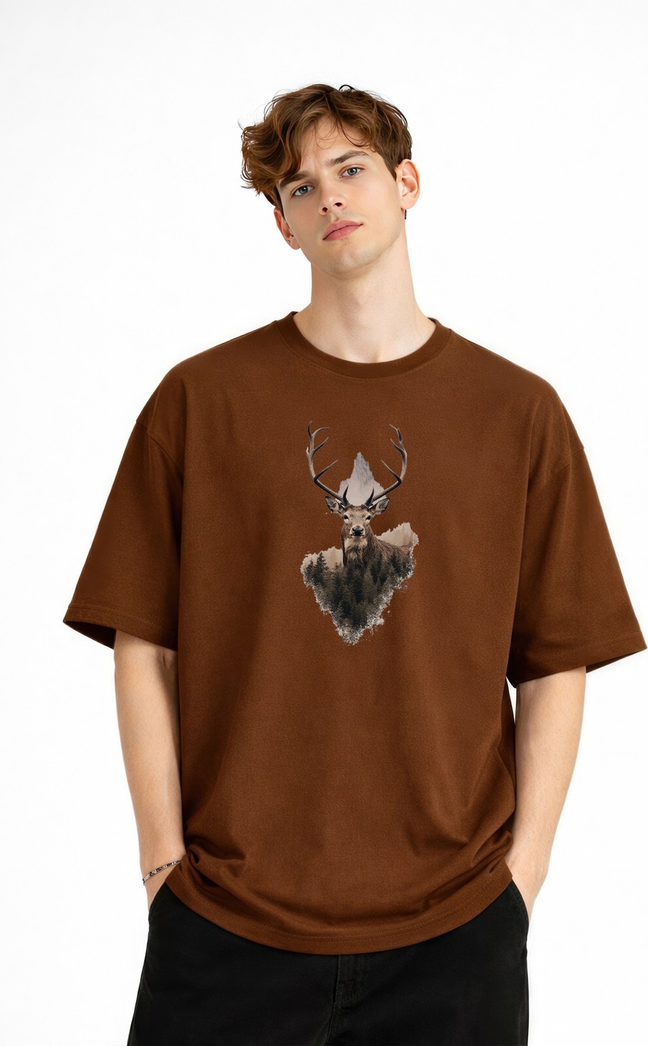 TeknoKapsül Deer - Oversize Erkek Tişört Kahve