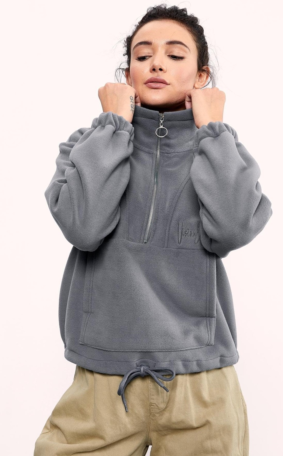 Die Grup Gri Melanj Yarım Fermuar Etek Ucu Büzgülü Kadın Polar Oversize Sweatshirt - 97171 görsel 5
