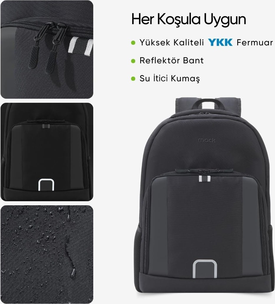 Happy Trend Mack Luna Eco MCE-1201 Çevre Dostu Reflektörlü Laptop Çantası, Seyahat Sırt Çantası, Macbook Sırt Çantası, Erkek Kadın 15.6 Inç Bilgisayar Çantası, Siyah görsel 4