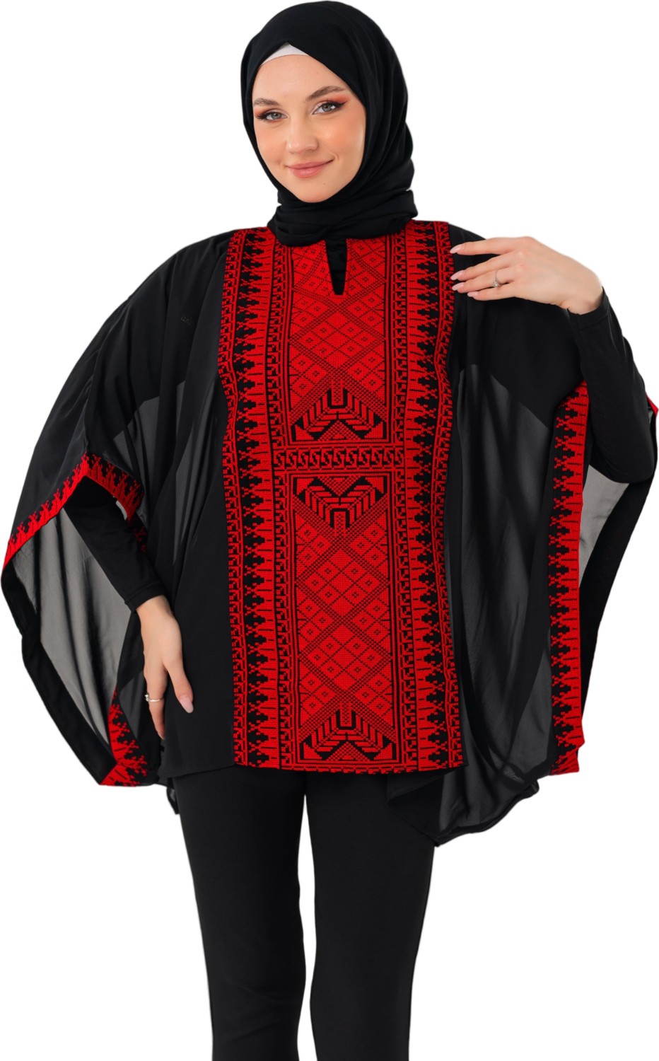 Zaytoon Tesettür Panço Filistin Nakışlı Bol Kollu Oversize Kadın Kap Ponço Freesize görsel 2